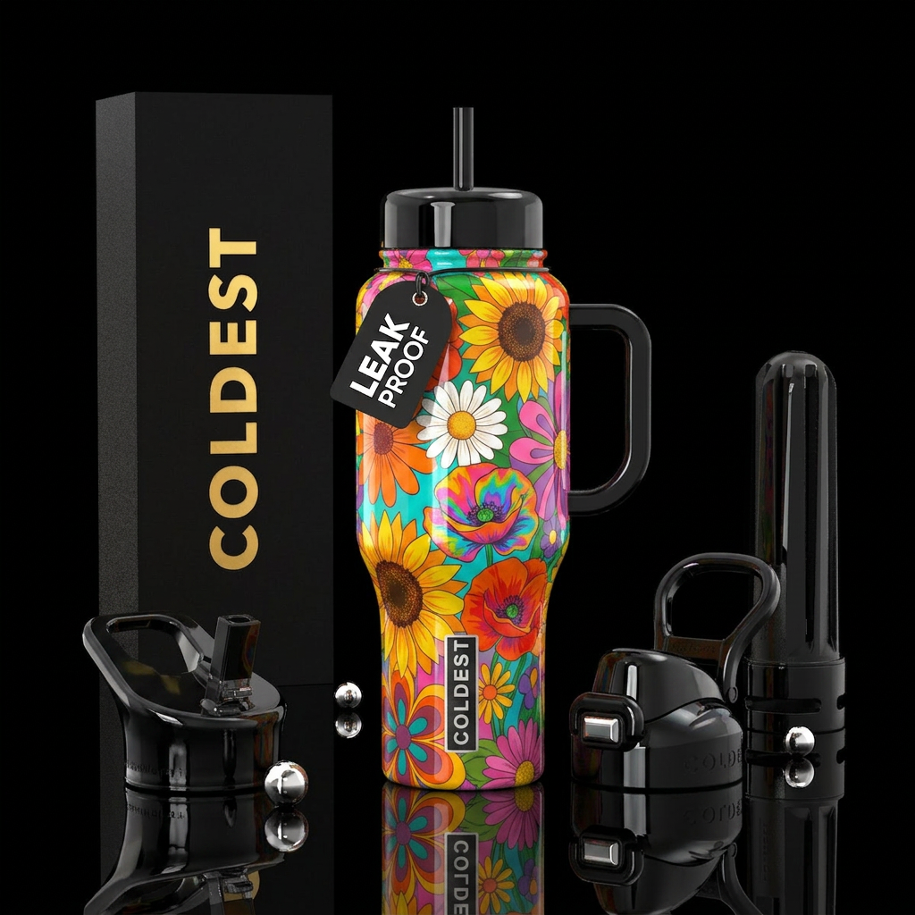 Bright  and retro flowers, glossy, trompe-l'œil water bottle design