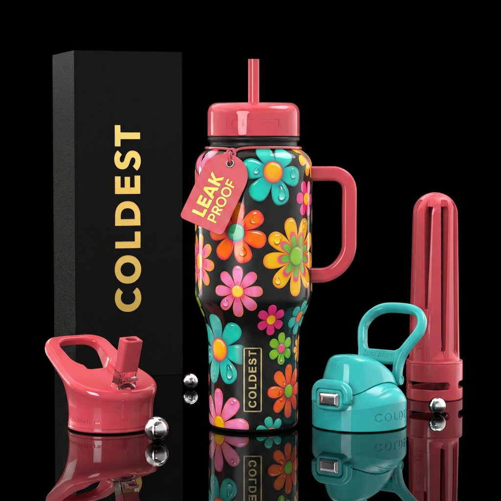 Bright  and retro flowers, glossy, trompe-l'œil water bottle design
