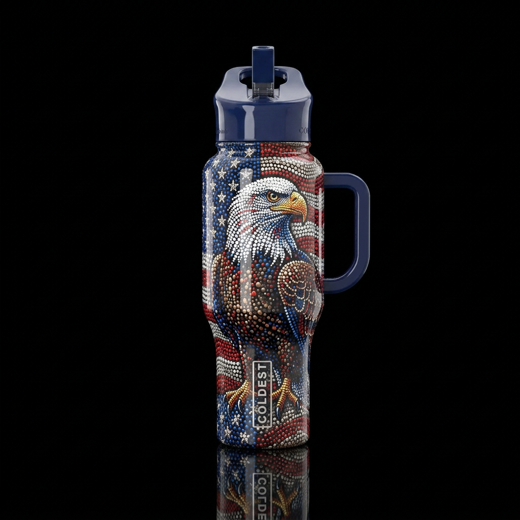 Pointilisim, patriotic eagle, glossy, trompe-l'œil water bottle design