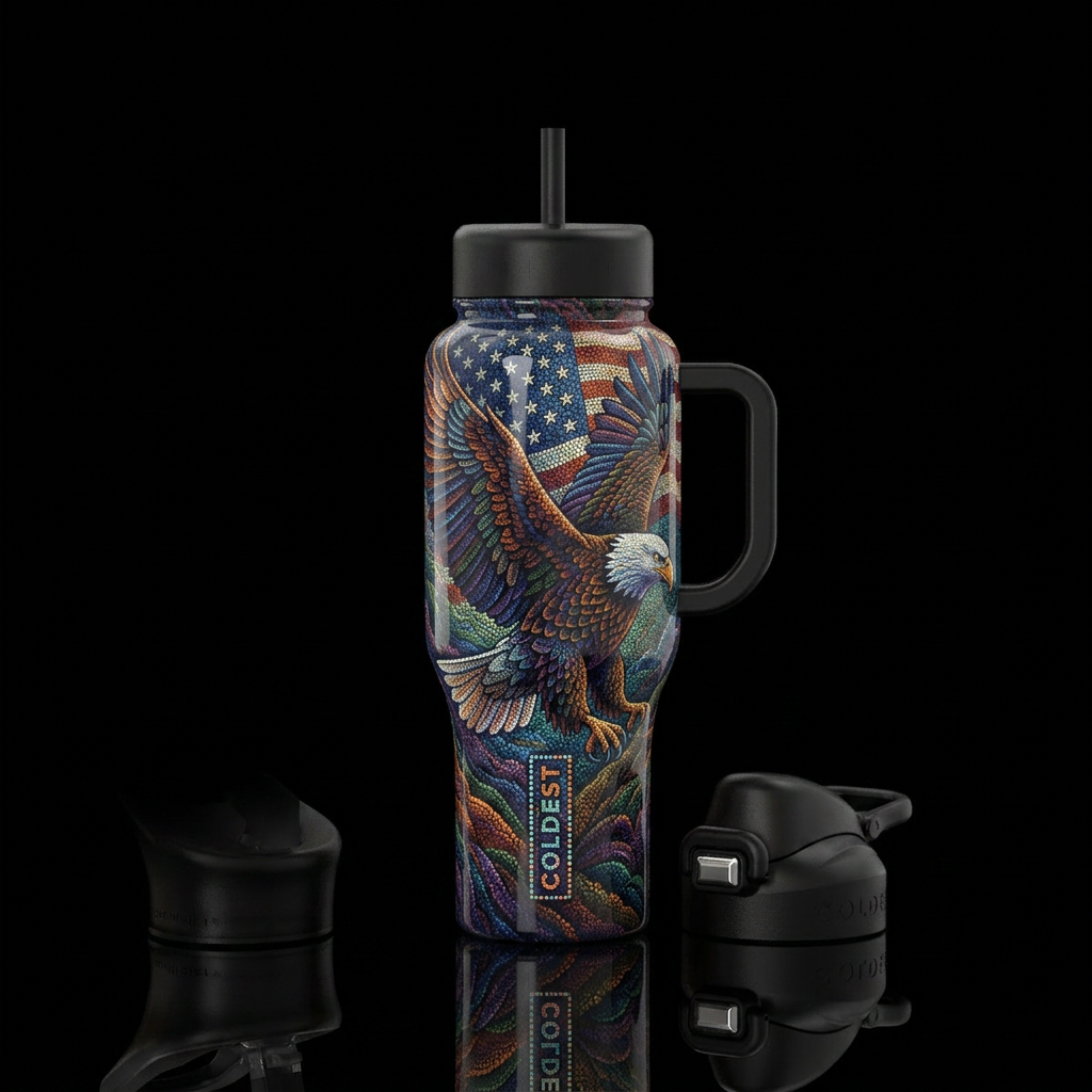 Pointilisim, patriotic eagle, glossy, trompe-l'œil... water bottle design
