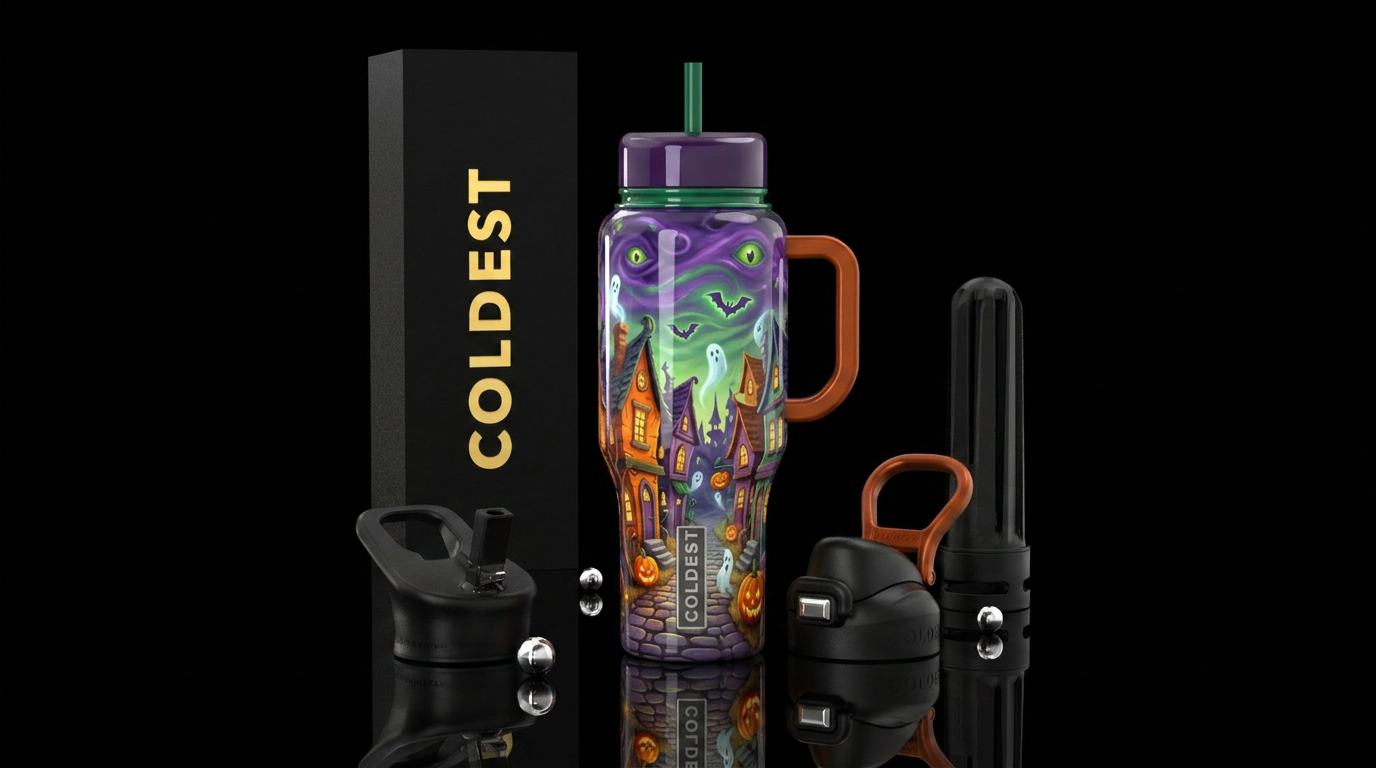 Whimsical Halloween fantasy village, glossy, tromp... water bottle design