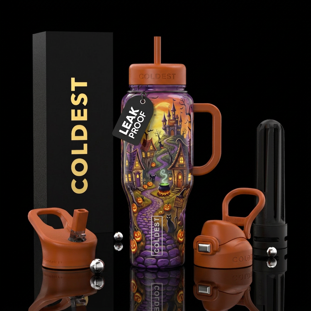 Whimsical Halloween fantasy village, glossy, tromp... water bottle design