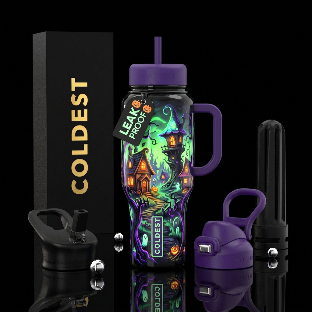 Whimsical Halloween fantasy village, glossy, tromp... water bottle design