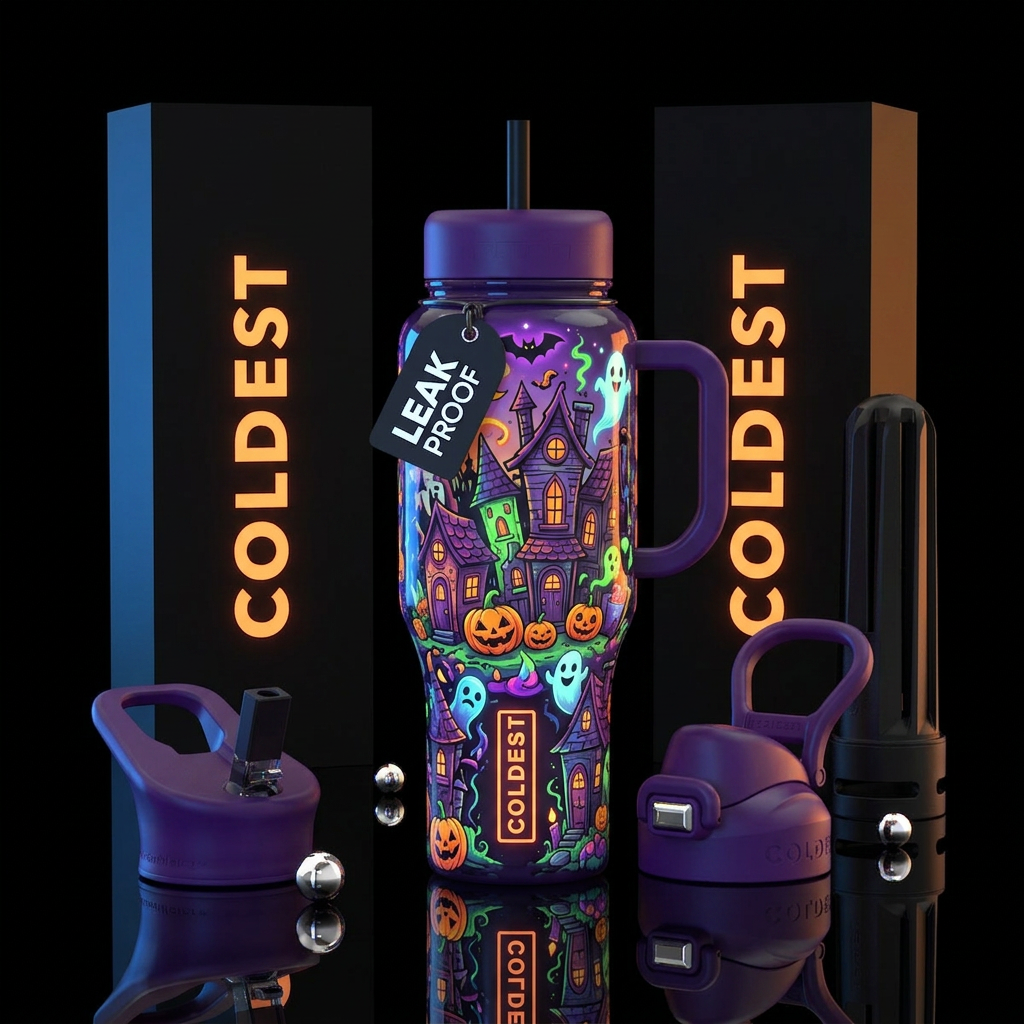 Whimsical Halloween fantasy village, glossy, tromp... water bottle design