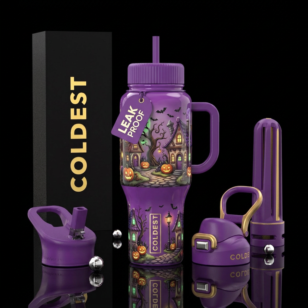 Cute,Whimsical Halloween fantasy village, glossy, ... water bottle design