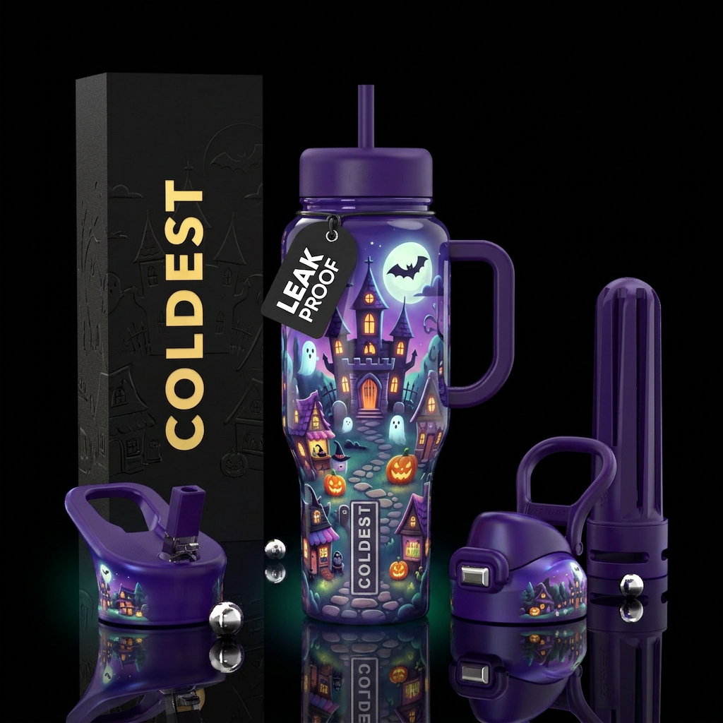 Cute,Whimsical Halloween fantasy village, glossy, ... water bottle design