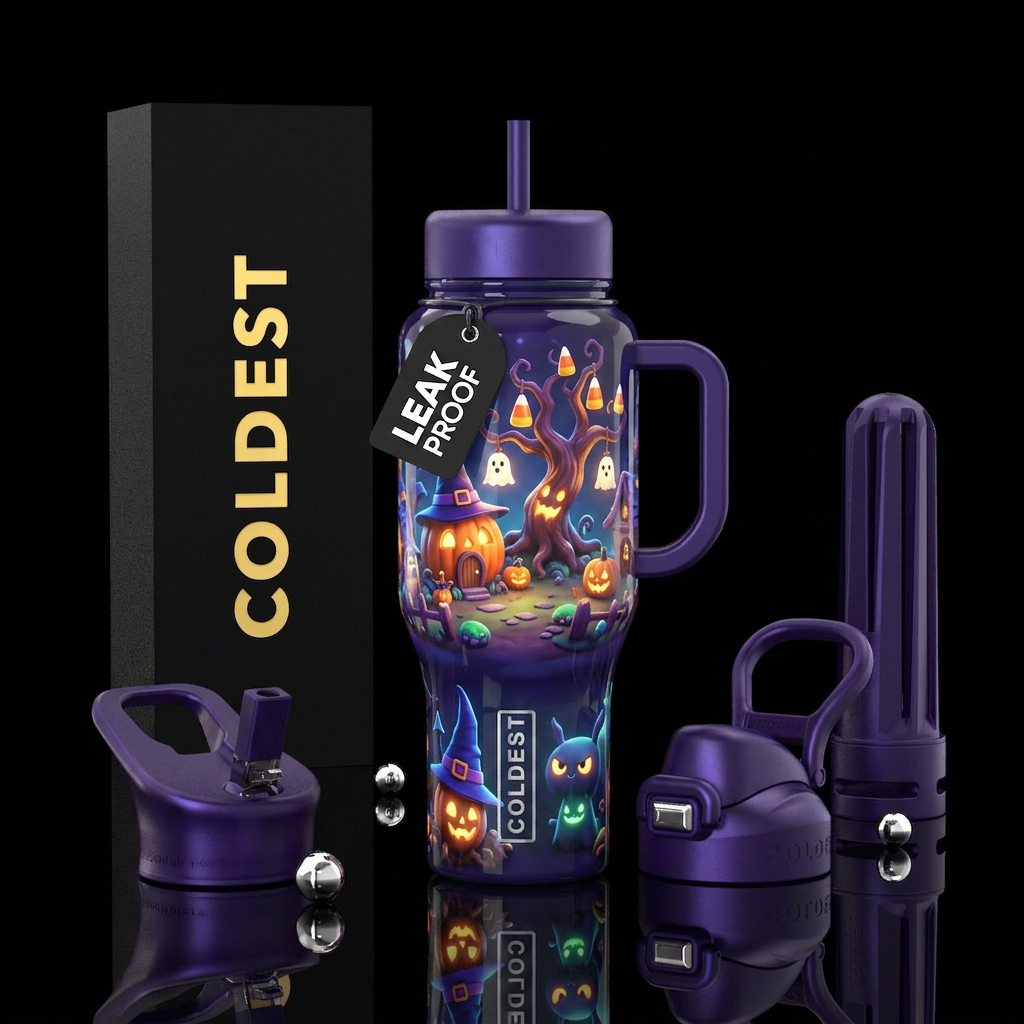 Cute,Whimsical Halloween fantasy village, glossy, ... water bottle design