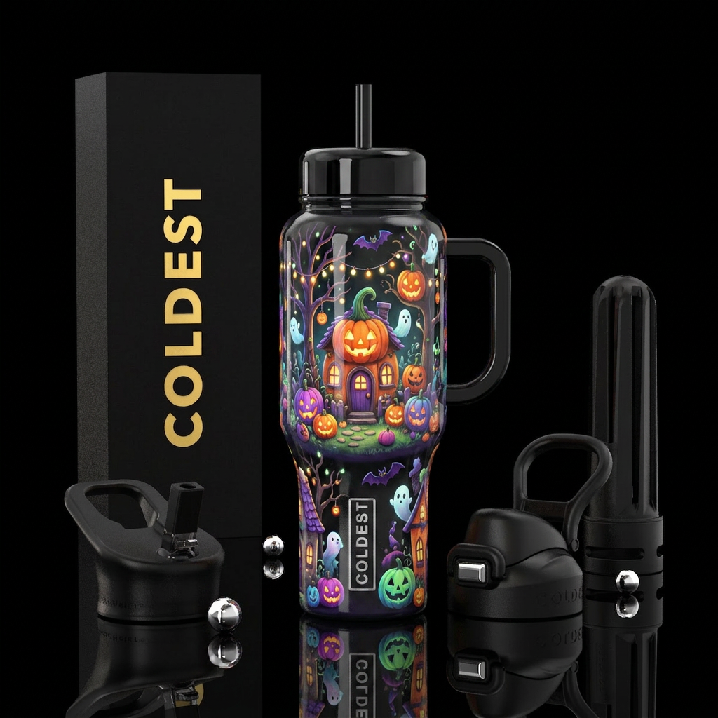 Cute,Whimsical Halloween fantasy village, glossy, ... water bottle design