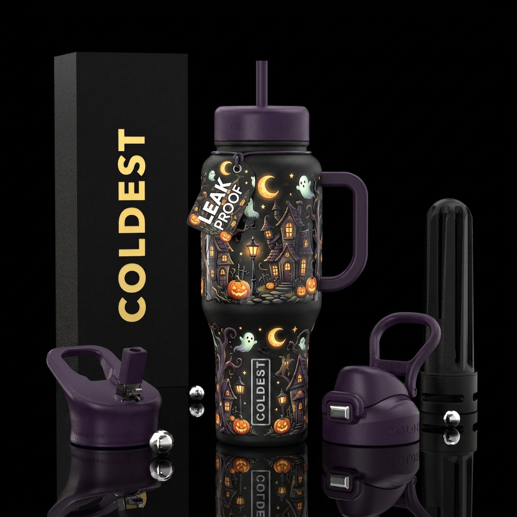 Cute,Whimsical Halloween fantasy village, glossy, ... water bottle design
