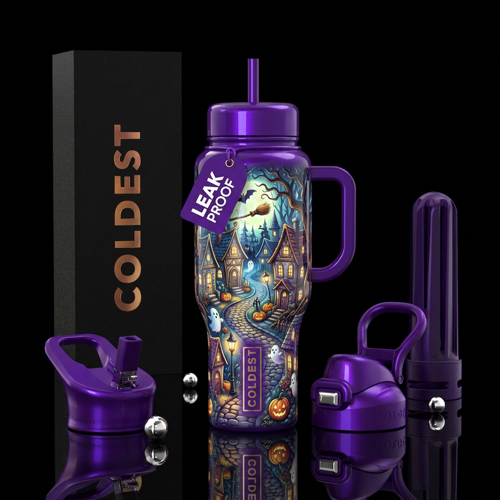 Cute,Whimsical Halloween fantasy village, glossy, ... water bottle design