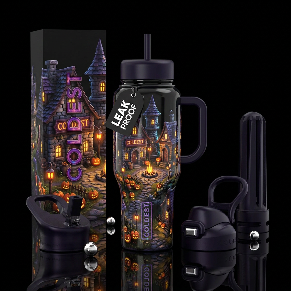 Cute,Whimsical Halloween fantasy village, glossy, ... water bottle design