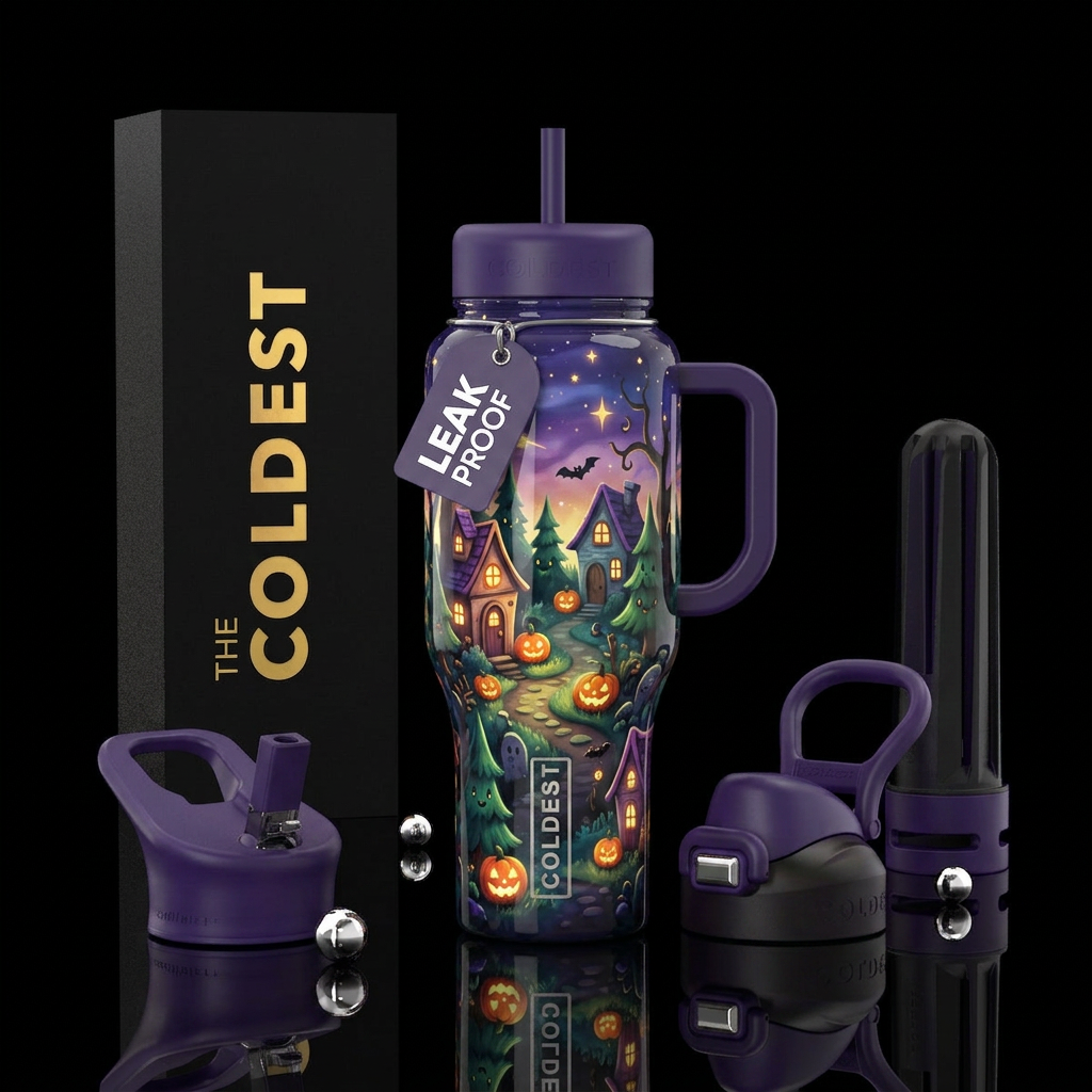 Cute,Whimsical Halloween fantasy village, glossy, ... water bottle design