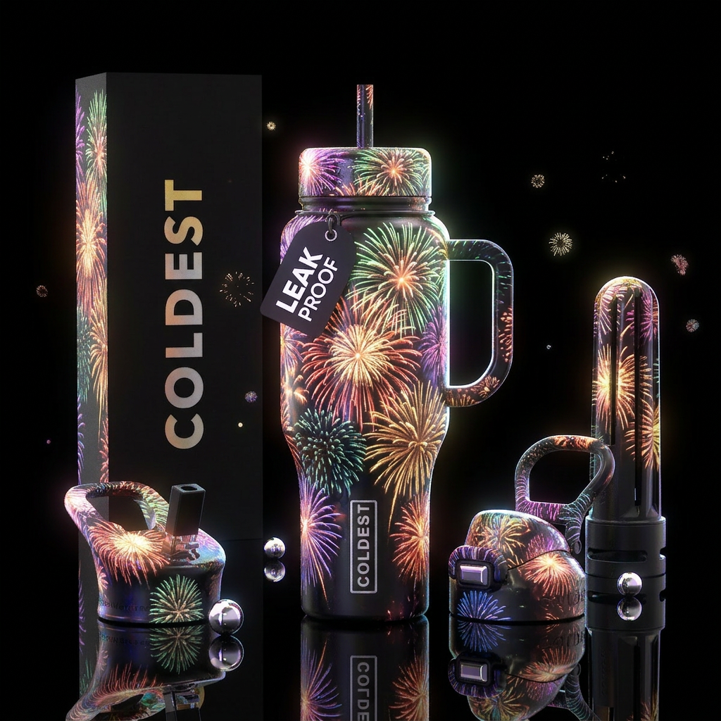 Cute,Whimsical, glossy, trompe-l'œil, glow in the ... water bottle design