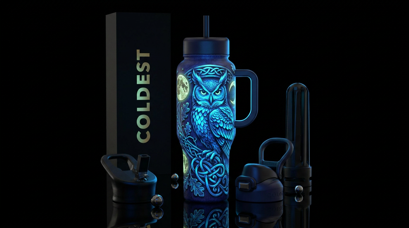 dramatic, low-light photograph of the textured,dre... water bottle design