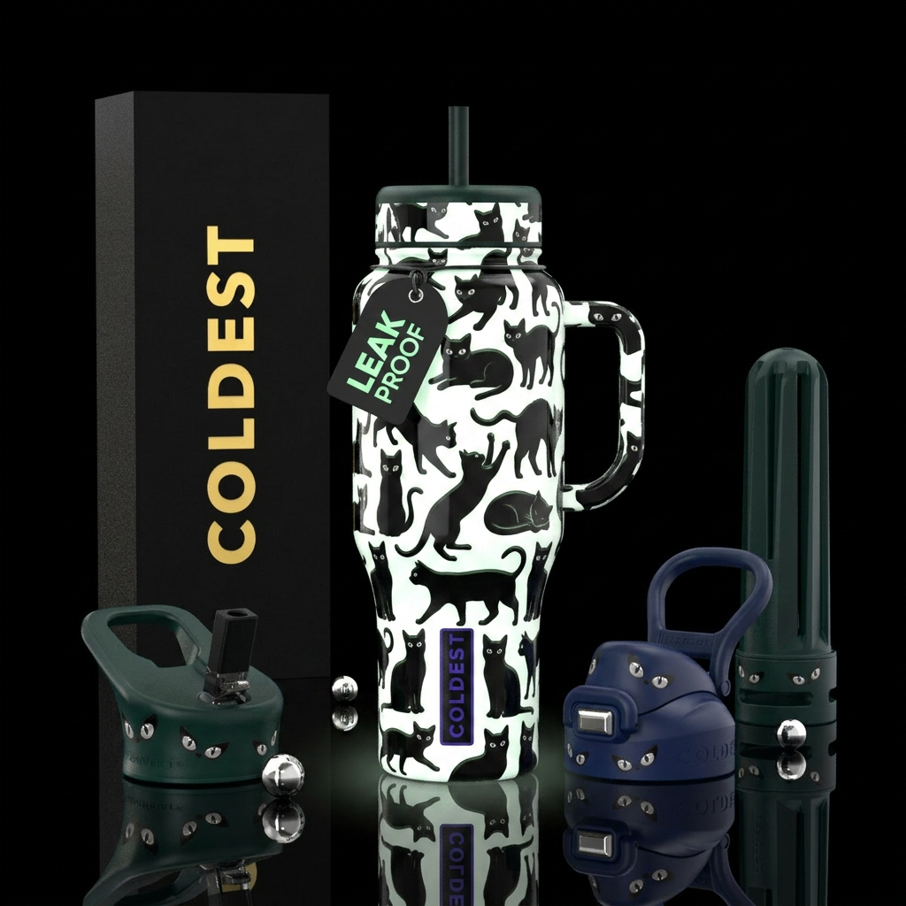 White background black silhouettes of cats in diff... water bottle design