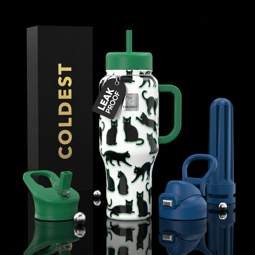 White background black cat silhouettes in differen... water bottle design