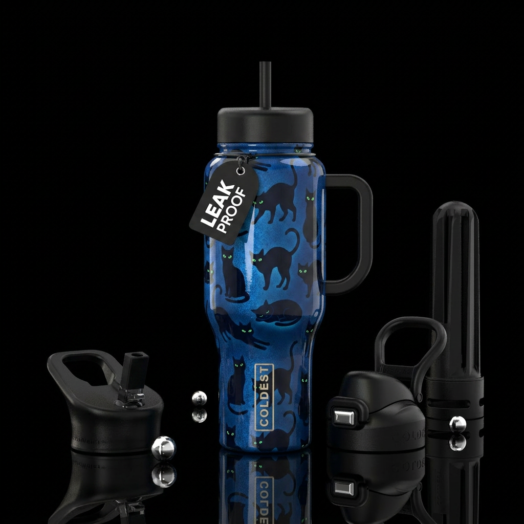 Blue background black cat silhouettes in different... water bottle design