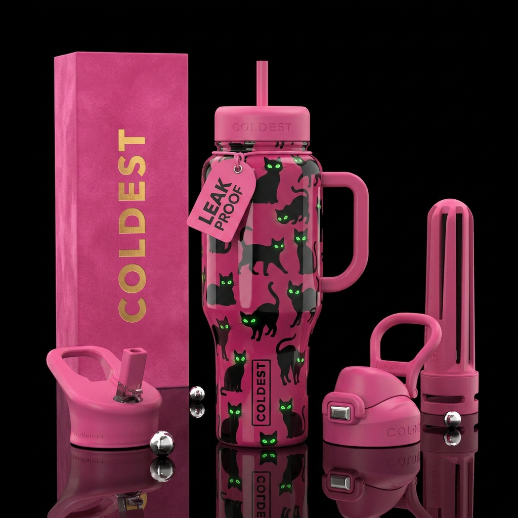 Pink background black cat silhouettes in different... water bottle design