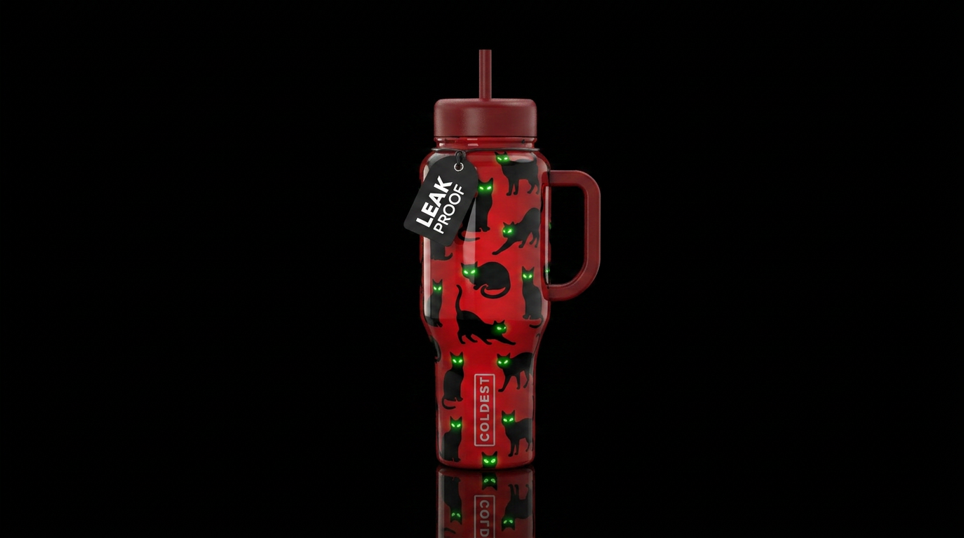Red background black cat silhouettes in different ... water bottle design