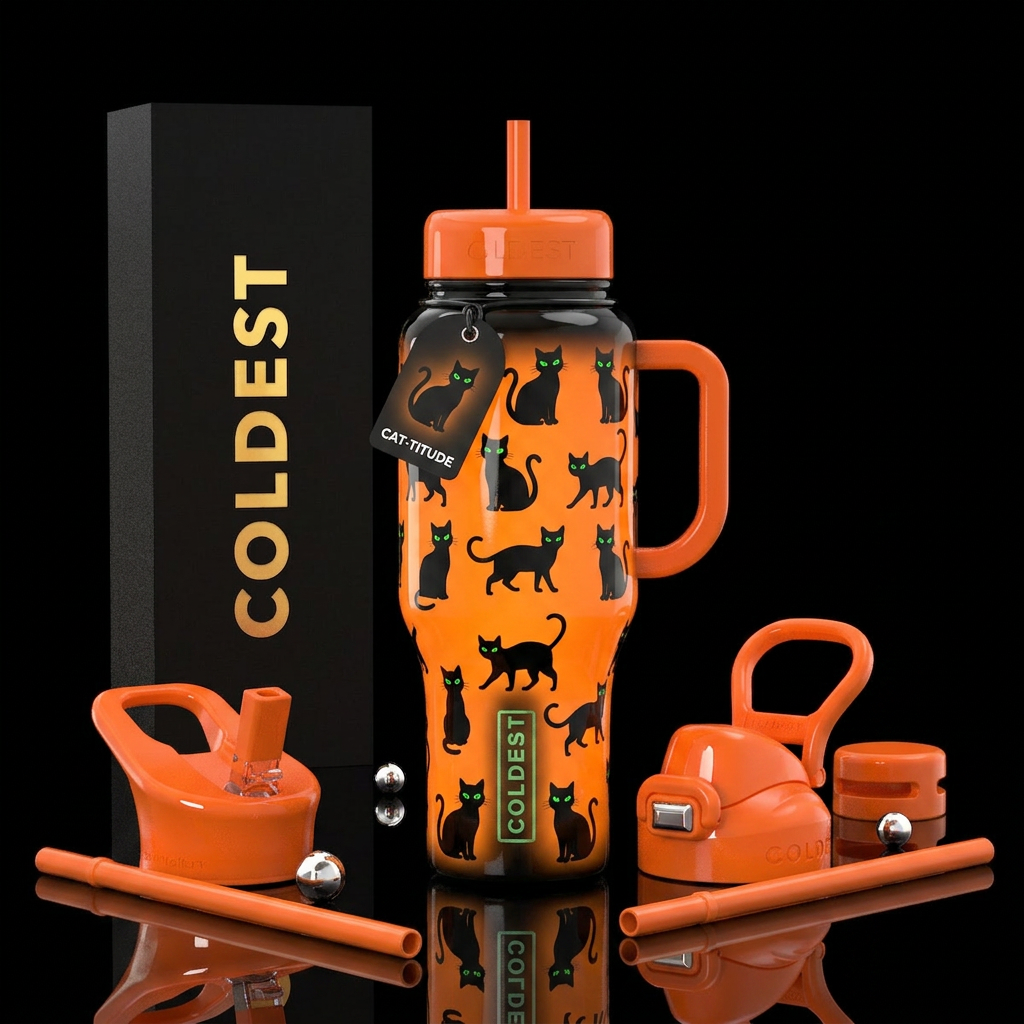 Orange background black cat silhouettes in differe... water bottle design