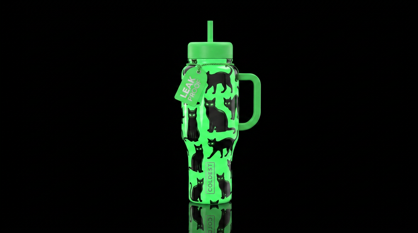 Green background black cat silhouettes in differen... water bottle design