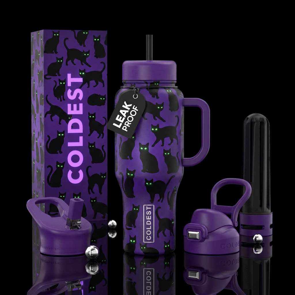 Purple background black cat silhouettes in differe... water bottle design
