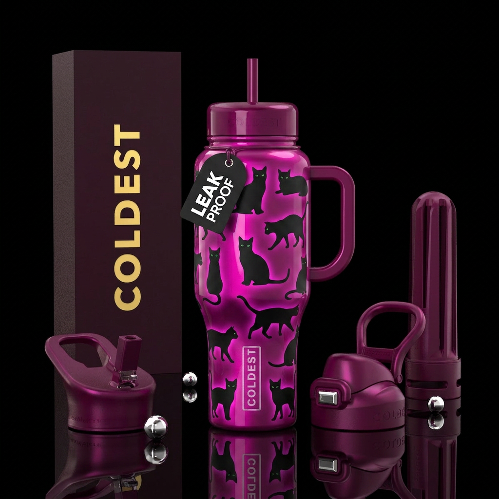 Magenta background black cat silhouettes in differ... water bottle design