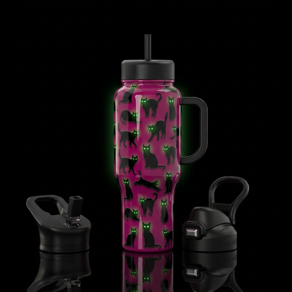 Magenta background black cat silhouettes in differ... water bottle design