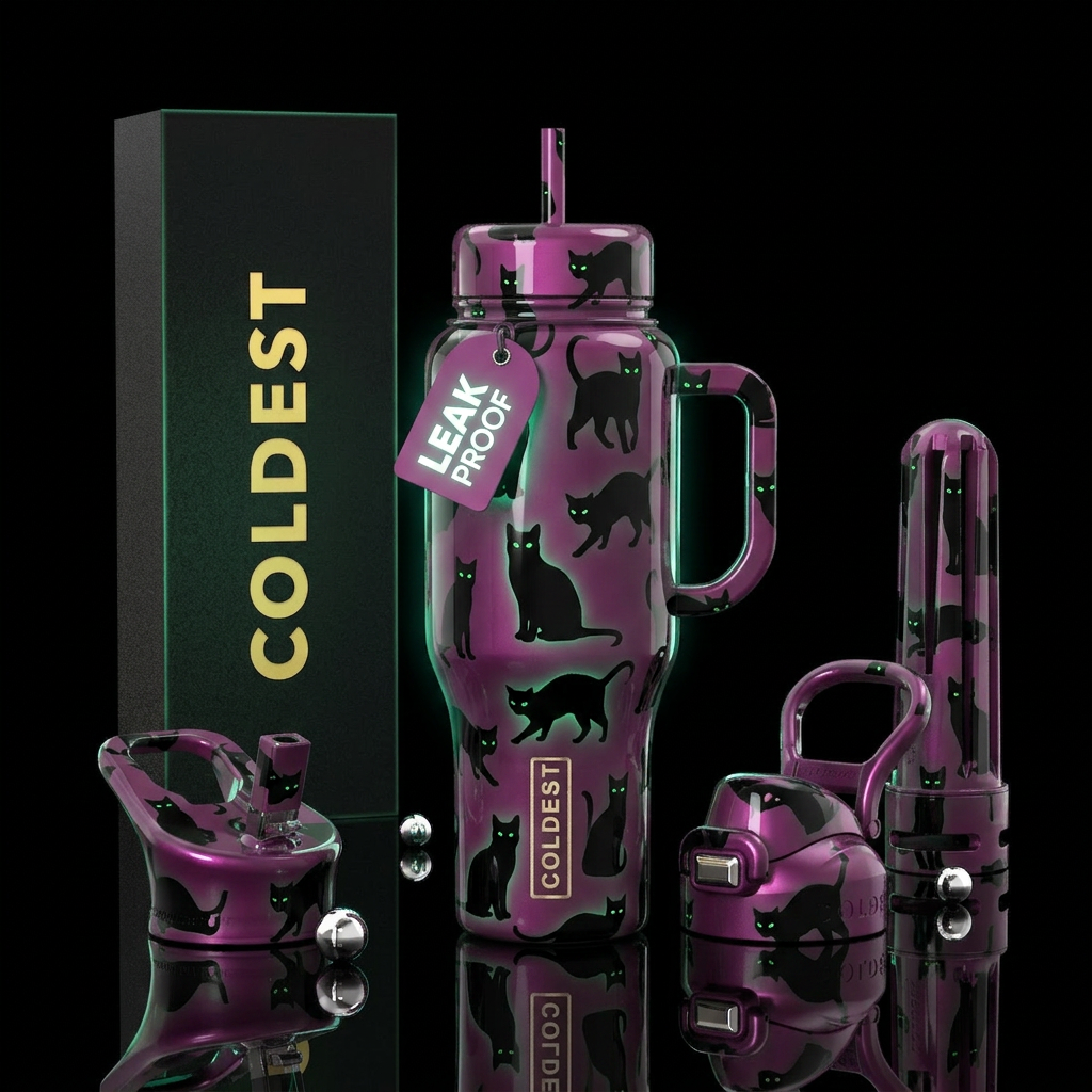 Orchid background black cat silhouettes in differe... water bottle design