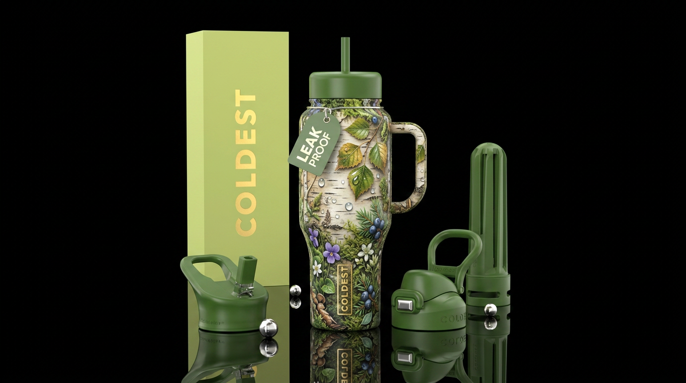 Birchwater and botanicals, glossy, trompe-l'œil water bottle design