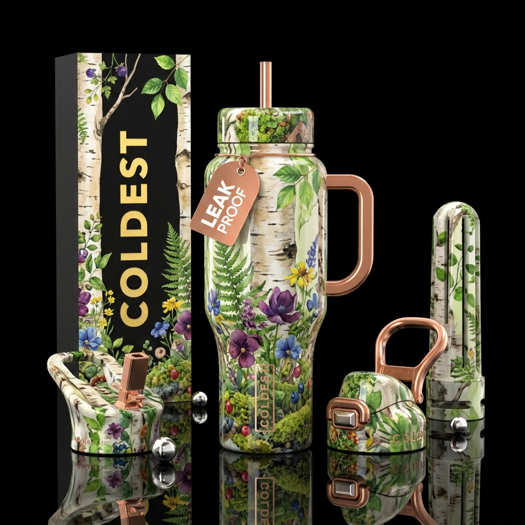 Birchwater and botanicals, glossy, trompe-l'œil water bottle design