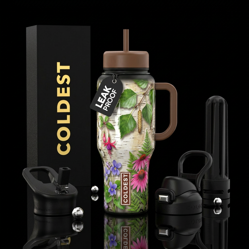 Birchwater and botanicals, glossy, trompe-l'œil water bottle design