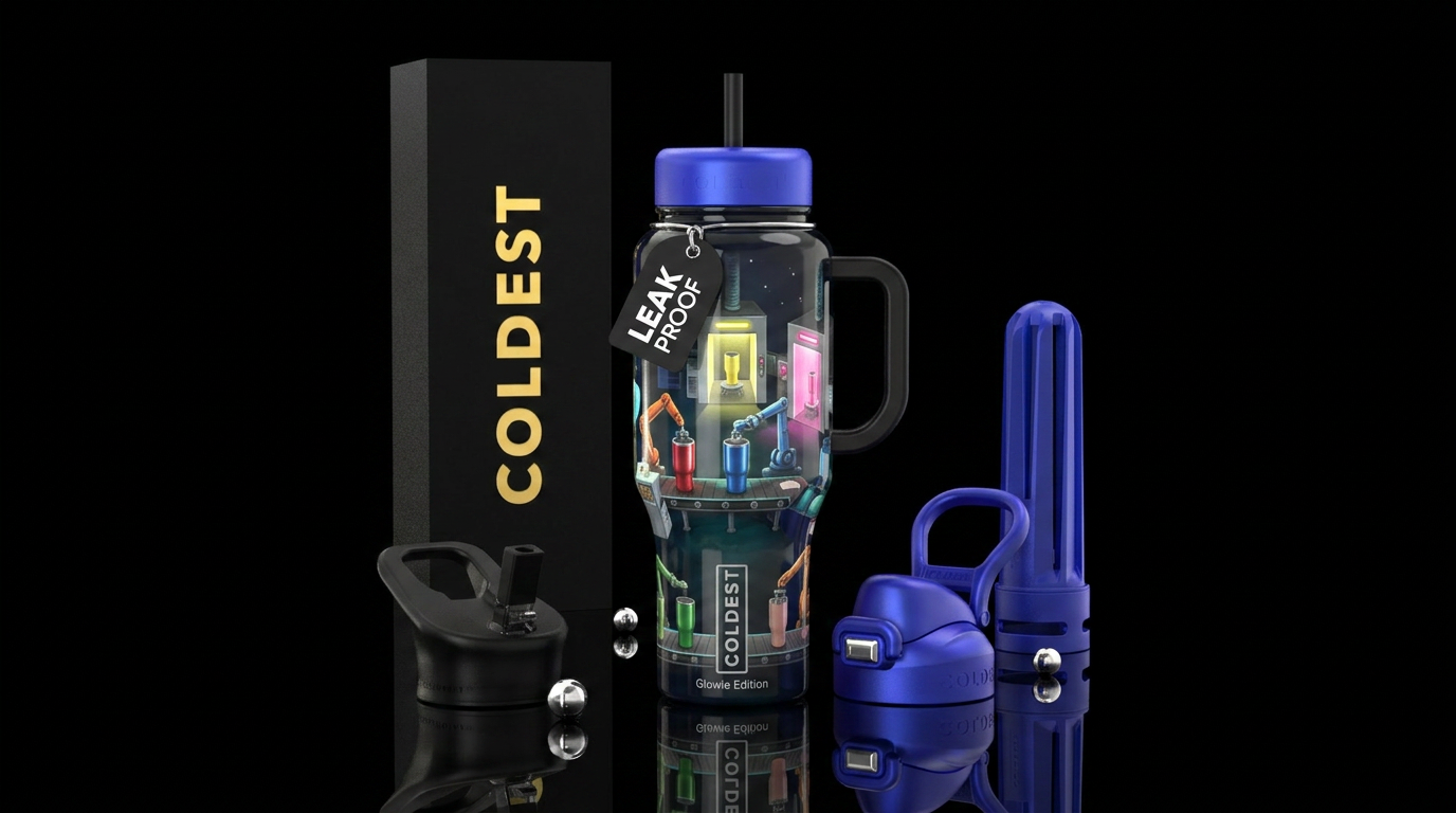 Tumbler factory, glossy, trompe-l'œil, glowie water bottle design