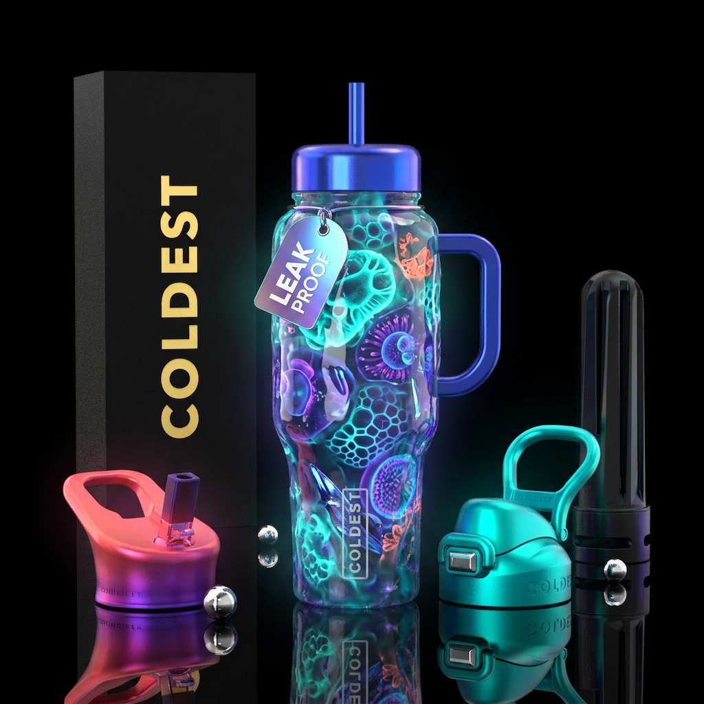 Blubbery, glossy, trompe-l'œil, glowie water bottle design
