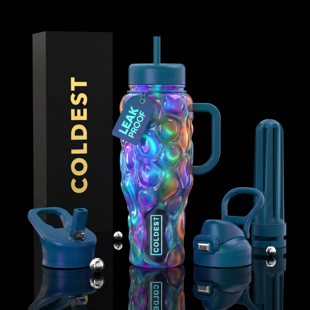 Blubbery, glossy, trompe-l'œil, glowie,vibrant water bottle design