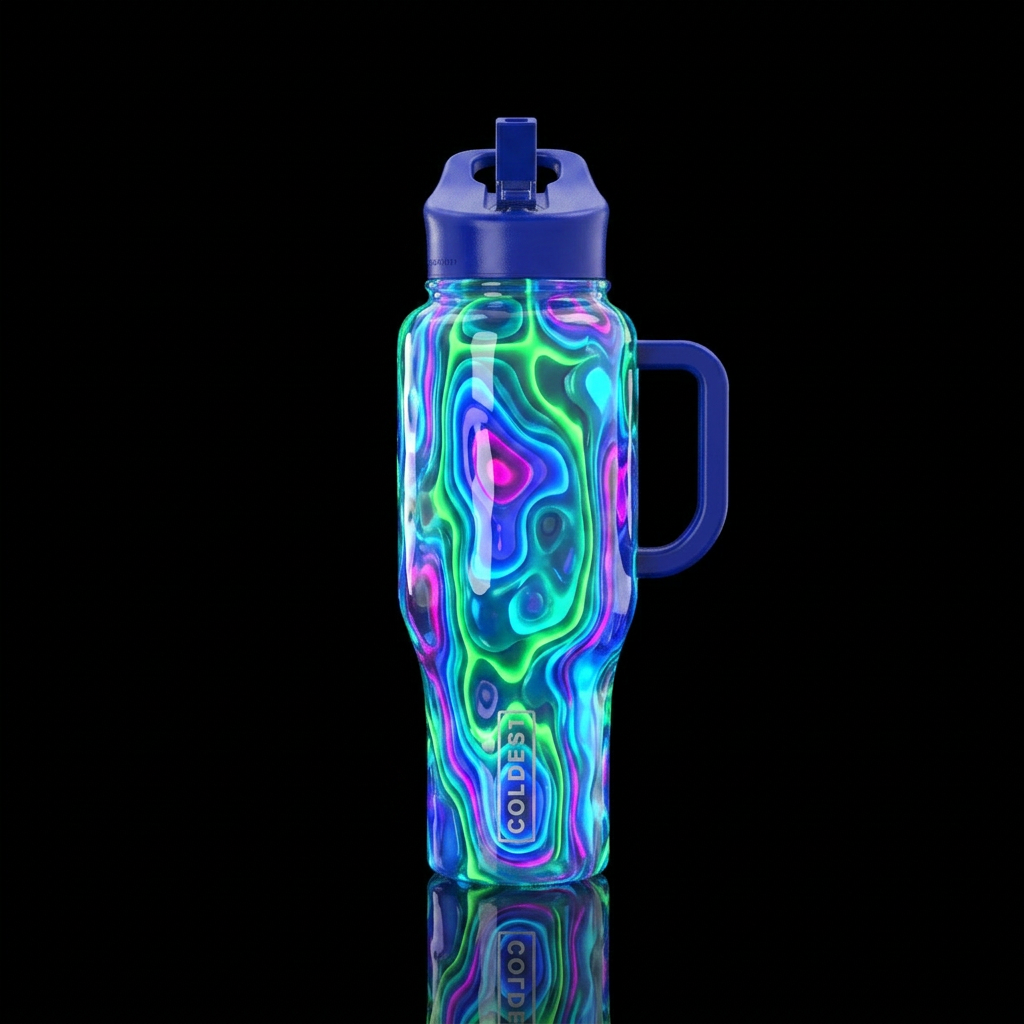Blubbery, glossy, trompe-l'œil, glowie,vibrant water bottle design