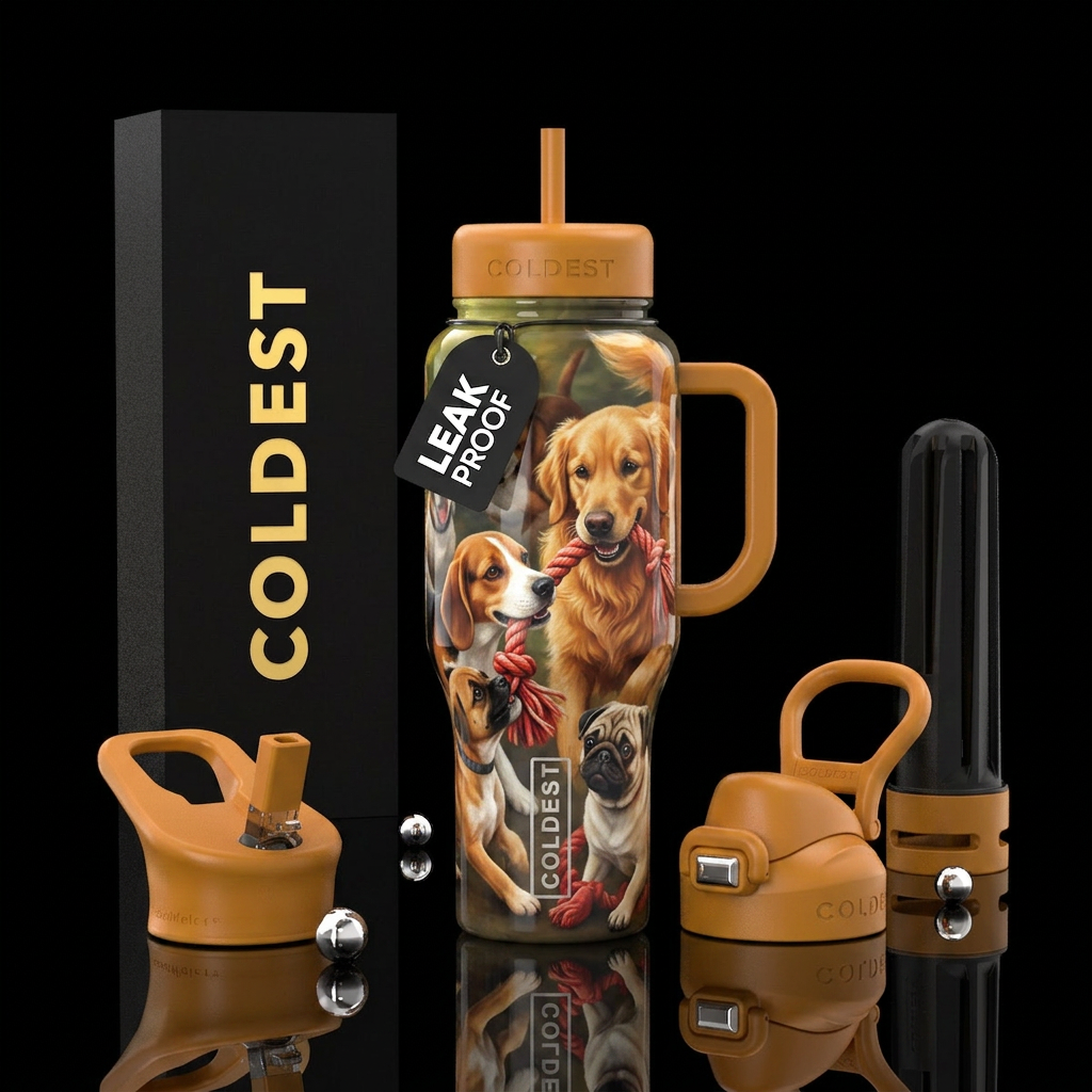 Dogs playing tug of war,glossy,trompe-l'œil, playf... water bottle design