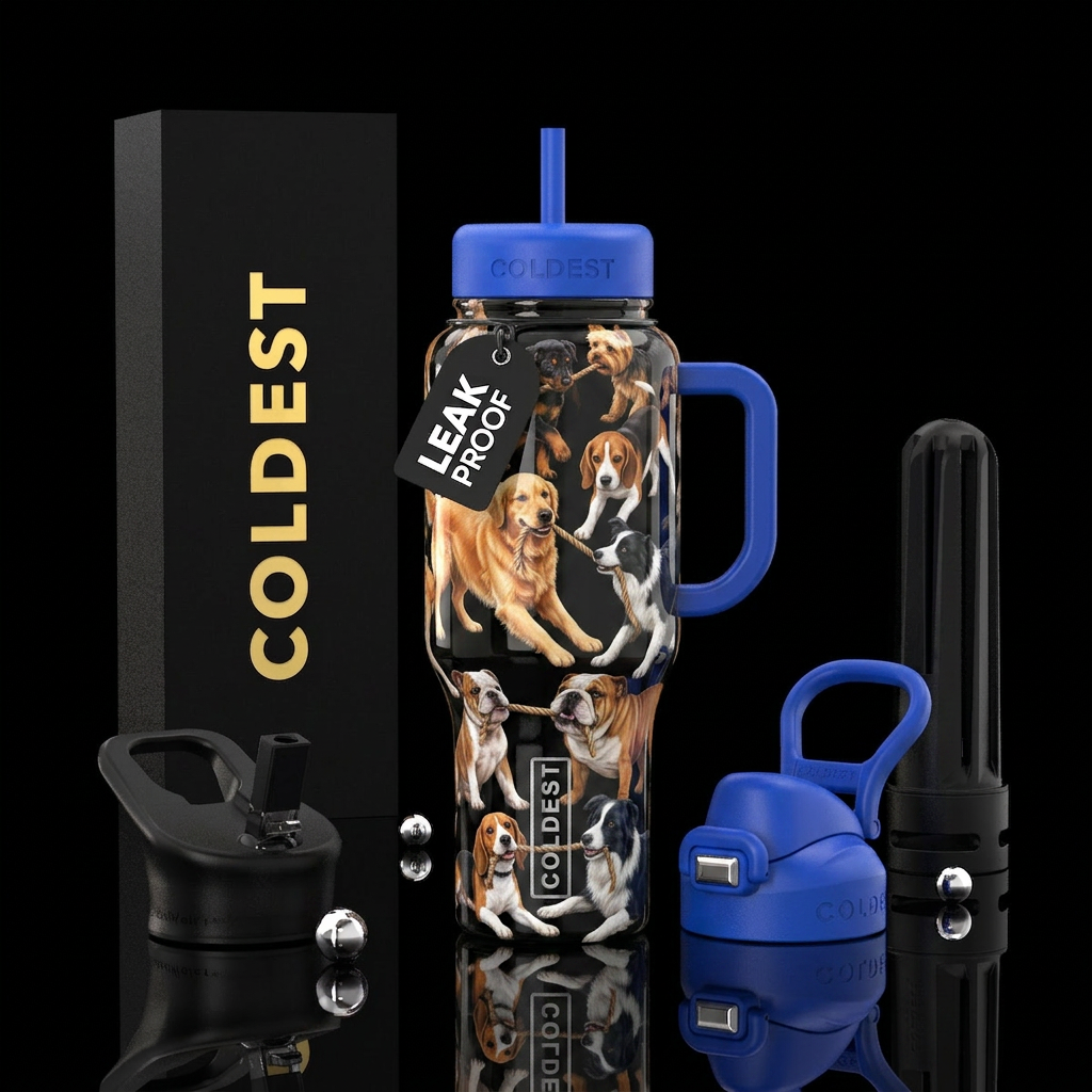 Dogs playing tug of war,glossy,trompe-l'œil, playf... water bottle design