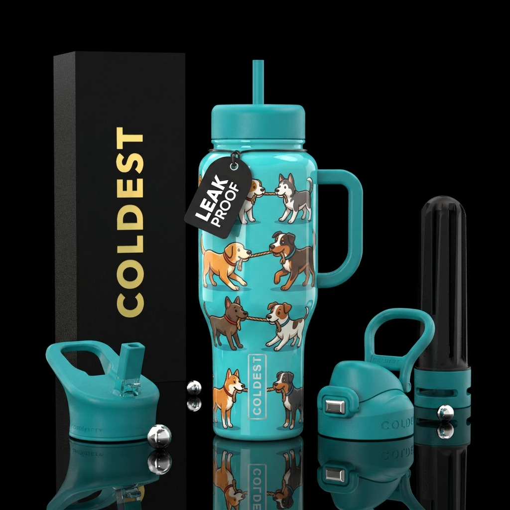 Dogs playing tug of war,glossy,trompe-l'œil, playf... water bottle design