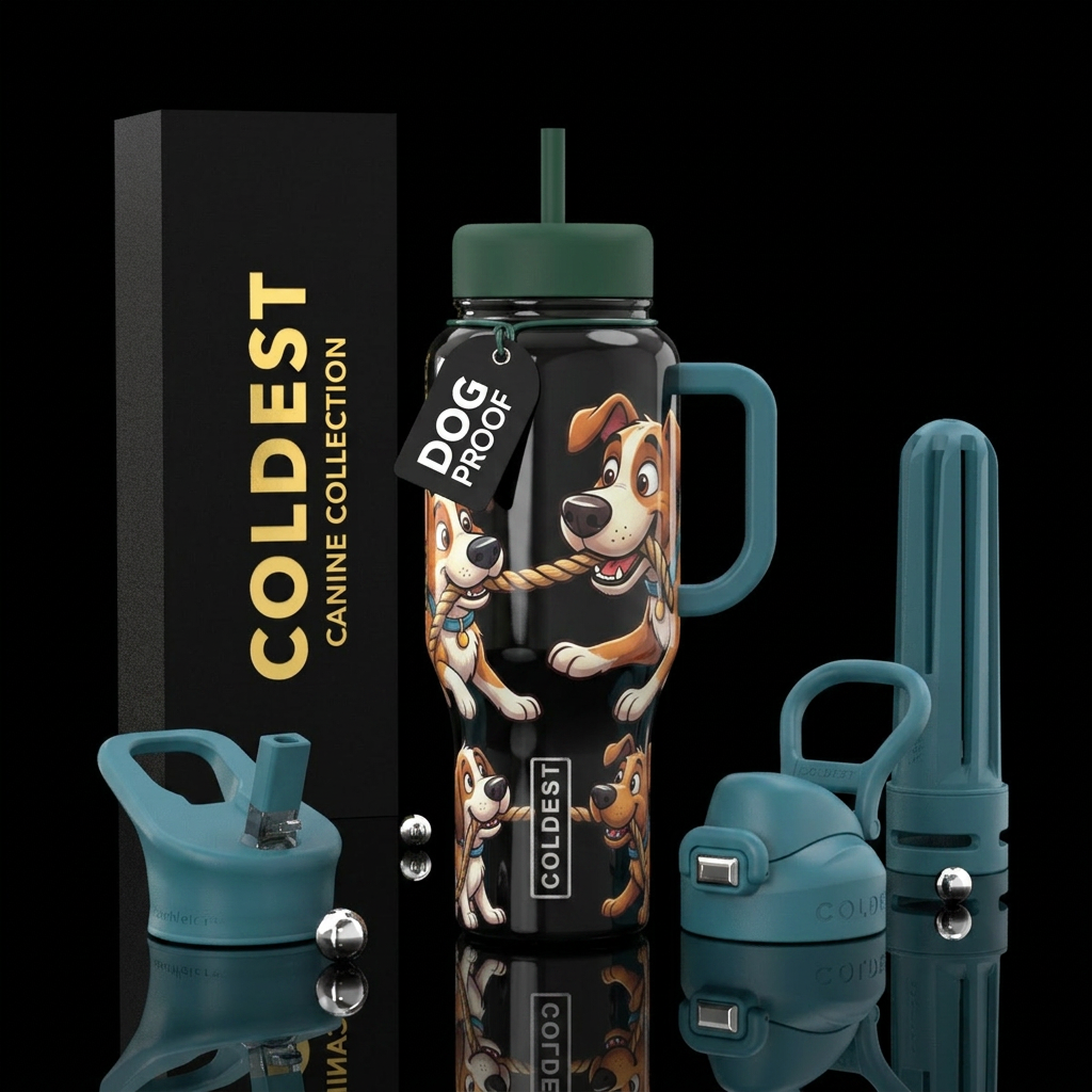 Dogs playing tug of war,glossy,trompe-l'œil, playf... water bottle design
