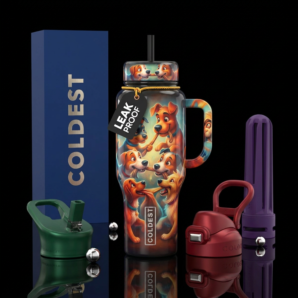Dogs playing tug of war,glossy,trompe-l'œil, playf... water bottle design