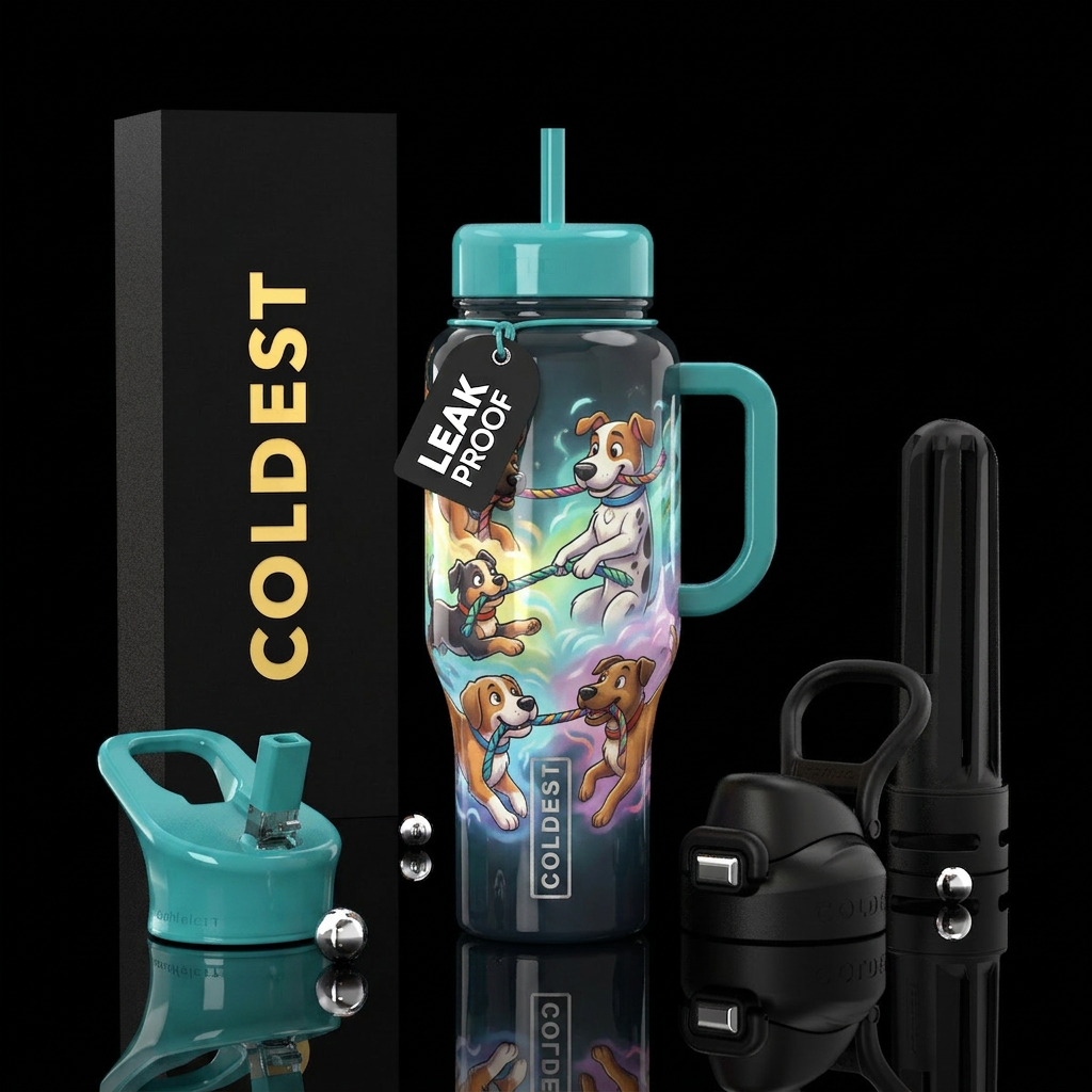 Dogs playing tug of war,glossy,trompe-l'œil, playf... water bottle design