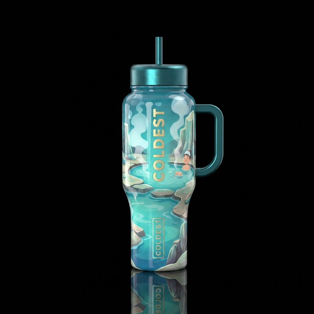 ,glossy,trompe-l'œil, playful,cartoonish, ethereal... water bottle design