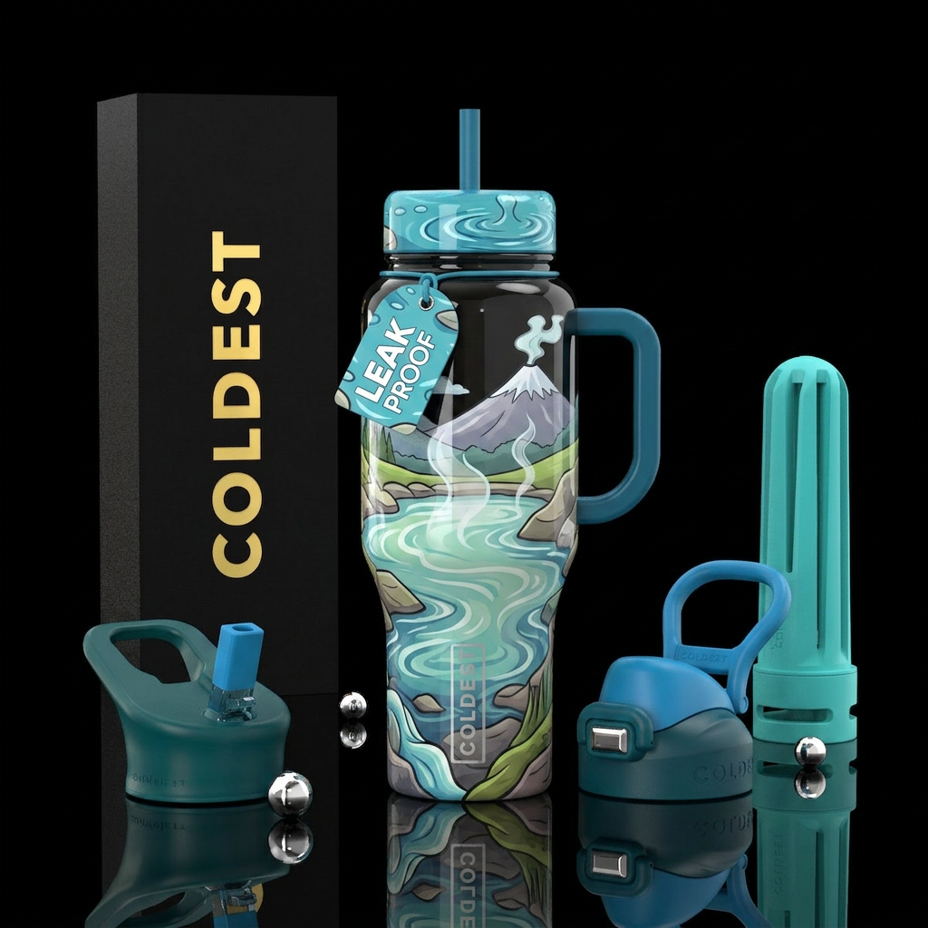 ,glossy,trompe-l'œil, playful,cartoonish, ethereal... water bottle design