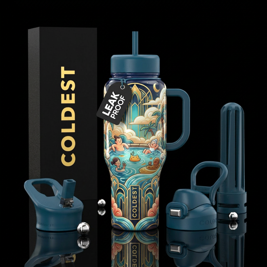 ,glossy,trompe-l'œil, playful,cartoonish, ethereal... water bottle design