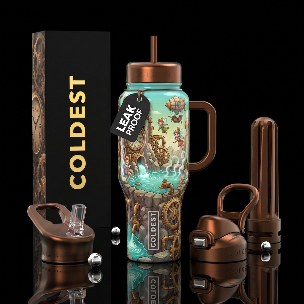 ,glossy,trompe-l'œil, playful,cartoonish, ethereal... water bottle design