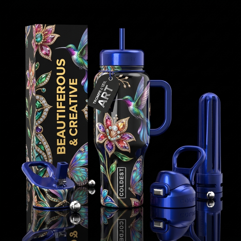 Glossy, trompe-l'œil, beautiferous water bottle design