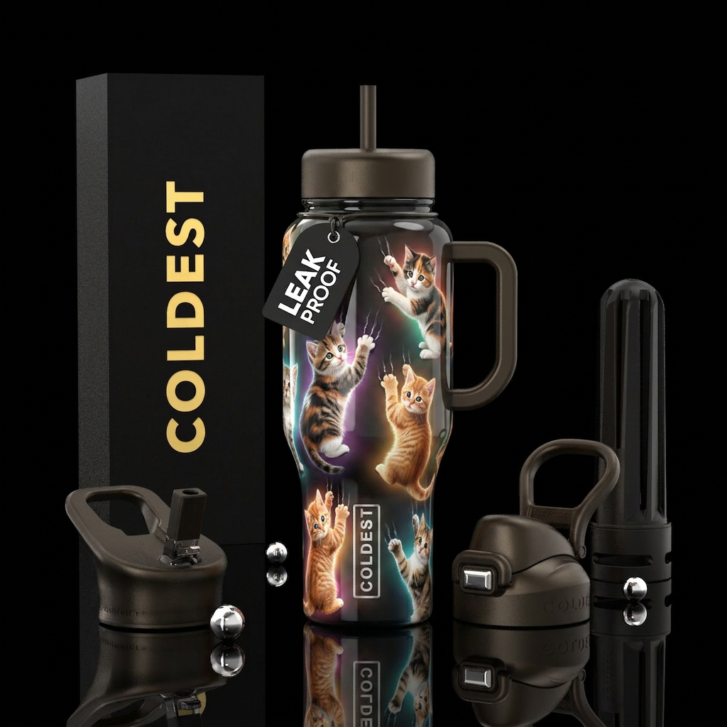 Cute cats clawing,glossy, trompe-l'œil, glowie water bottle design