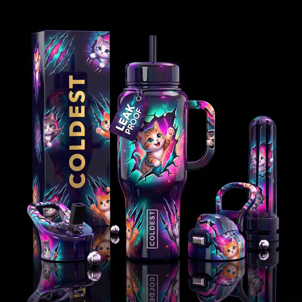 Cute cats clawing,glossy, trompe-l'œil, glowie water bottle design