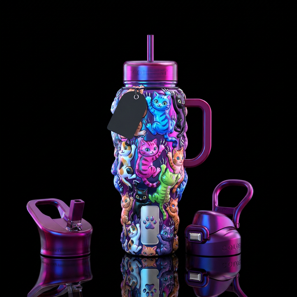 Cute cats clawing, cartoonish,glossy, trompe-l'œil... water bottle design
